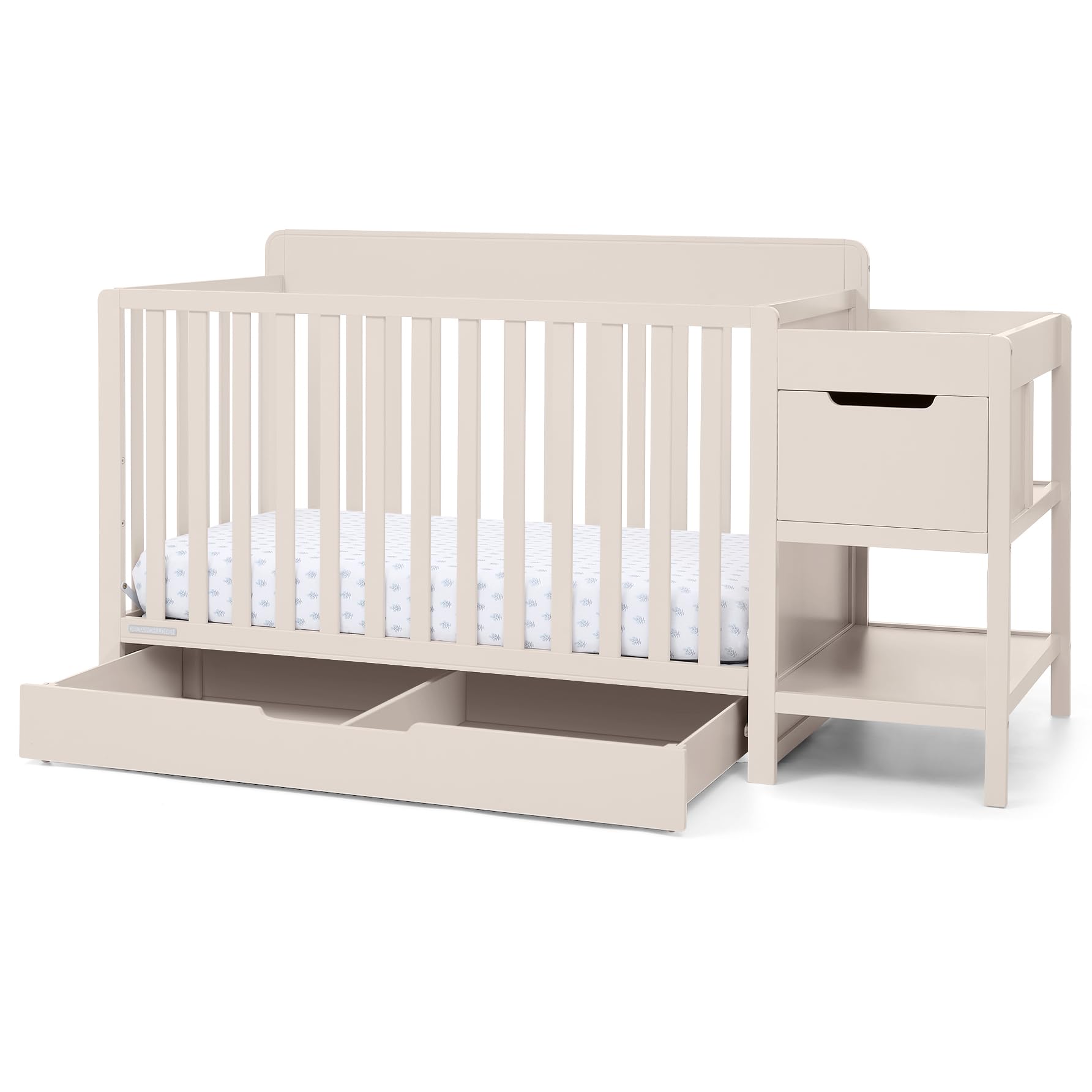 Photo 1 of Delta Children Maya 5-in-1 Convertible Crib and Changer with Storage, Converts to Toddler Bed, Daybed, Sofa & Full Bed, Fits Standard Crib Mattress, 3 Mattress Heights for Baby Nursery, Soft Beige