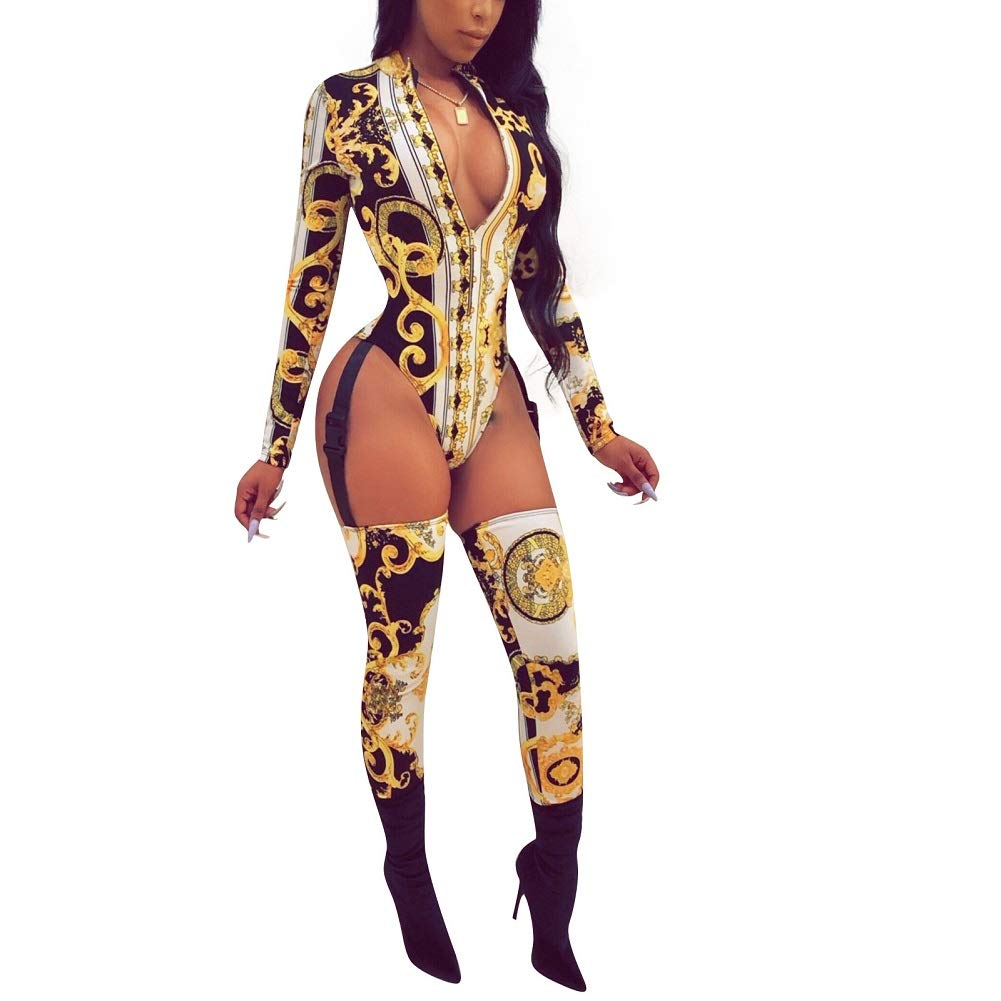Sprifloral Women's Deep V Neck Long Sleeve Gold Printed Hollow Out Bodycon Jumpsuits Romper Clubwear