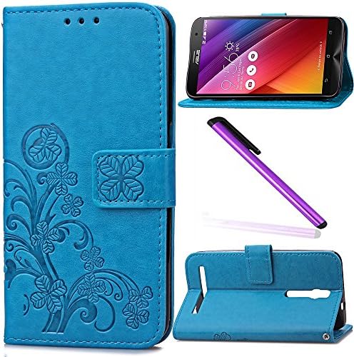 ASUS ZenFone 2 ZE551ML Case Cover EMAXELER Stylish Colour Kickstand Credit Cards Slot Cash Pockets Embossing PU Leather Flip Wallet Case For ZenFone 2 ZE551ML Clover Blue