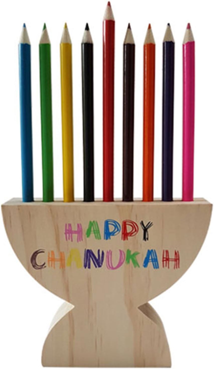 Chanuka Menorah Wooden Pencil Holder – Includes 9 colourful Pencils - ideal gift for Hanukkah