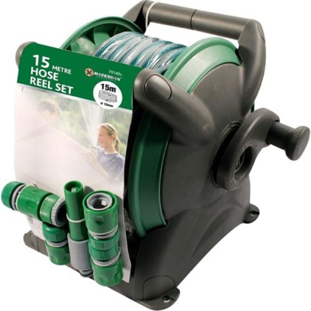 15M GARDEN HOSE PIPE & COMPACT WALL REEL FITTINGS SET STANDING WALL