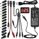 Wefomey Universal Power Supply Variable 3V~24V 3A 72W Multi Voltage Adapter | Adjustable AC DC Charger with 14 Tips, Polarity Converter, Alligator Test Leads and 4-Way Power Splitter Cable