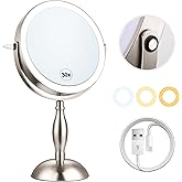 Makeup Mirror with Light, 30x Magnifying Mirror with 3 Lights Colors, 5000mAh Vanity Mirror Brushed Nickel - 360° Rotation, Brightness Adjustable Magnification, Modern Style Side Touch + Side Charge