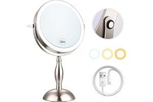 DASLAVA Makeup Mirror with Lighted, 30x Magnifying Mirror with 3 Lights Colors, Vanity Mirror Brushed Nickel - 360° Rotation, Brightness Adjustable Magnification, Modern Style Side Touch + Side Charge