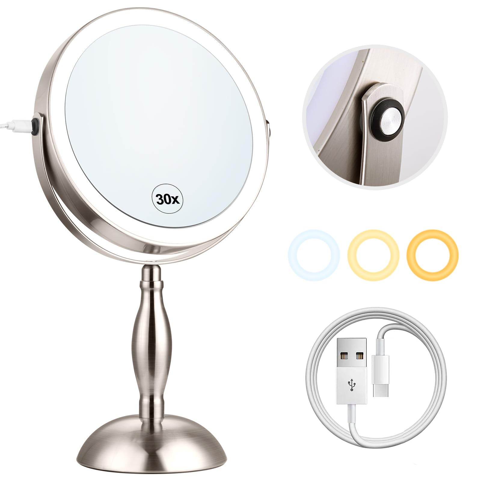 Photo 1 of Makeup Mirror with Lighted, 30x Magnifying Mirror with 3 Lights Colors, Vanity Mirror Brushed Nickel - 360° Rotation, Brightness Adjustable Magnification, Modern Style Side Touch + Side Charge