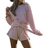 Foidiccx Womens Cotton 2 Piece Striped Crop Tops Shirt Shorts With Pockets Lounge Set Beach Vacation 2pc Matching Outfits