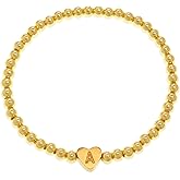 BXDA Dainty Gold Beaded Heart Charm Initial Stretch Bracelets Stack for Women, Handmade A Letter Name Stackable Bracelet Prom Fashion Everyday Jewelry Gift.