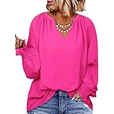 Eytino Womens Plus Size Tops Sexy V Neck Smocked Long Sleeve Casual Chiffon Blouse Flowy Work Shirts(1X-5X)
