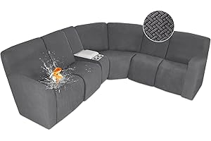 ALIECOM 100% Waterproof Recliner Sectional Couch Covers L Shape Stretch Corner Reclining Sectional Sofa Cover Washable Recliner Slipcover Protector for Dog Pet (5 Seat and 1 Console, Medium Gray)