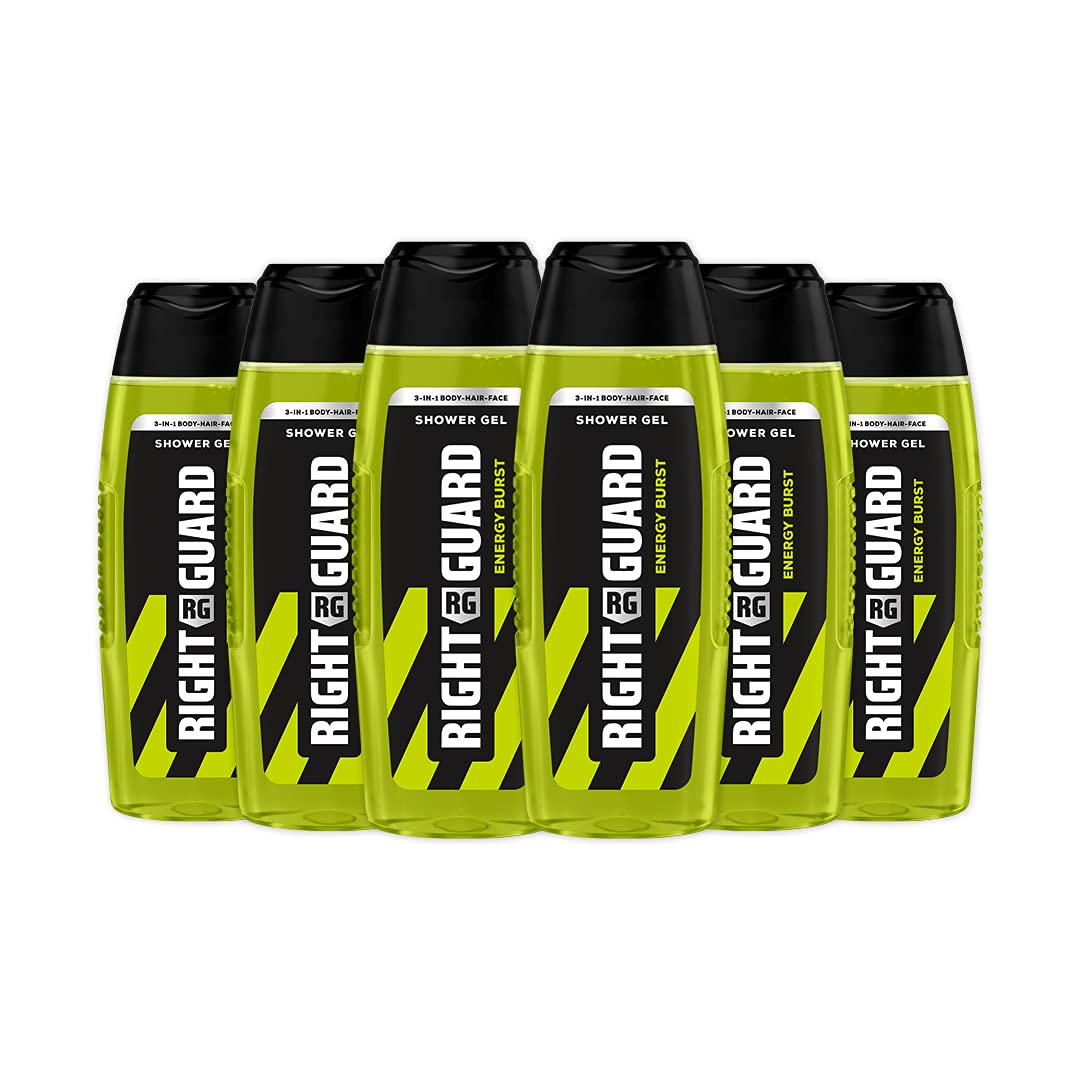 Right Guard Mens 3-in-1 Shower Gel, Energy Burst Body, Face and Hair Wash, Multipack 6 x 250 ml