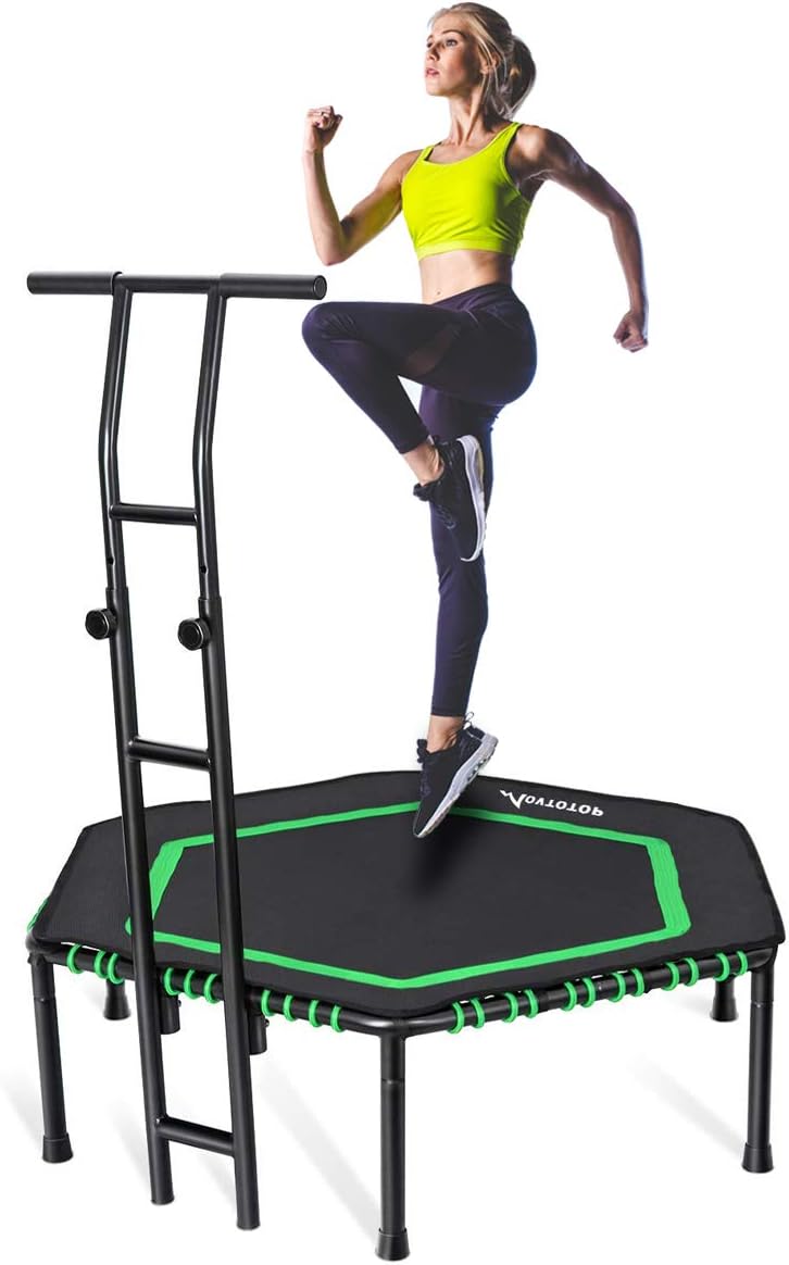 MOVTOTOP Indoor Fitness Trampoline Folding 48 Inch with Adjustable Handrail and Safety Pad, Exercise Trampoline Rebounder for Kids Adults (48 Green)