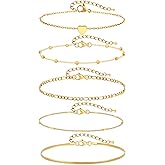 KSF Gold Anklets for Women Waterproof - 18k Gold Plated Ankle Bracelets for Women, 5PCS Anklet Set Cuban Herringbone Figaro Link Chain Anklets for Women Summer Beach Jewelry Gift Adjustable Size