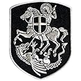 VEGASBEE® St. George Saint Patch Mounted Slaying Dragon Saint George Cross Shield Christian Embroidered Iron-On Patch Emblem Silver Metallic Medium Size 4.5" by 3.5" inches USA