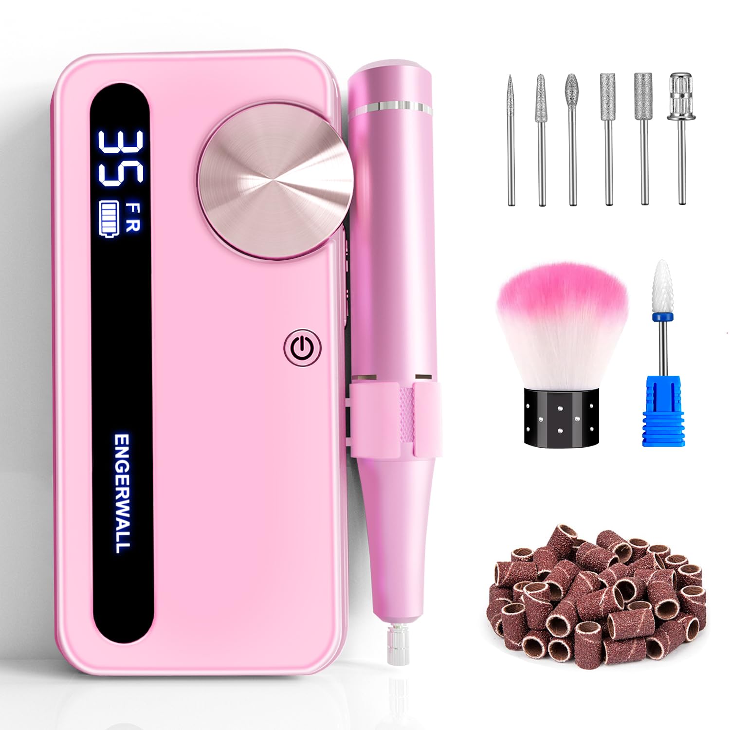 ENGERWALL 35,000 RPM Professional Electric Nail Drill, Rechargeable Cordless E-File for Acrylic and Gel Nails, LCD Display, 7 Bits & 56 Sanding Bands, Portable Manicure & Pedicure Kit (Pink)