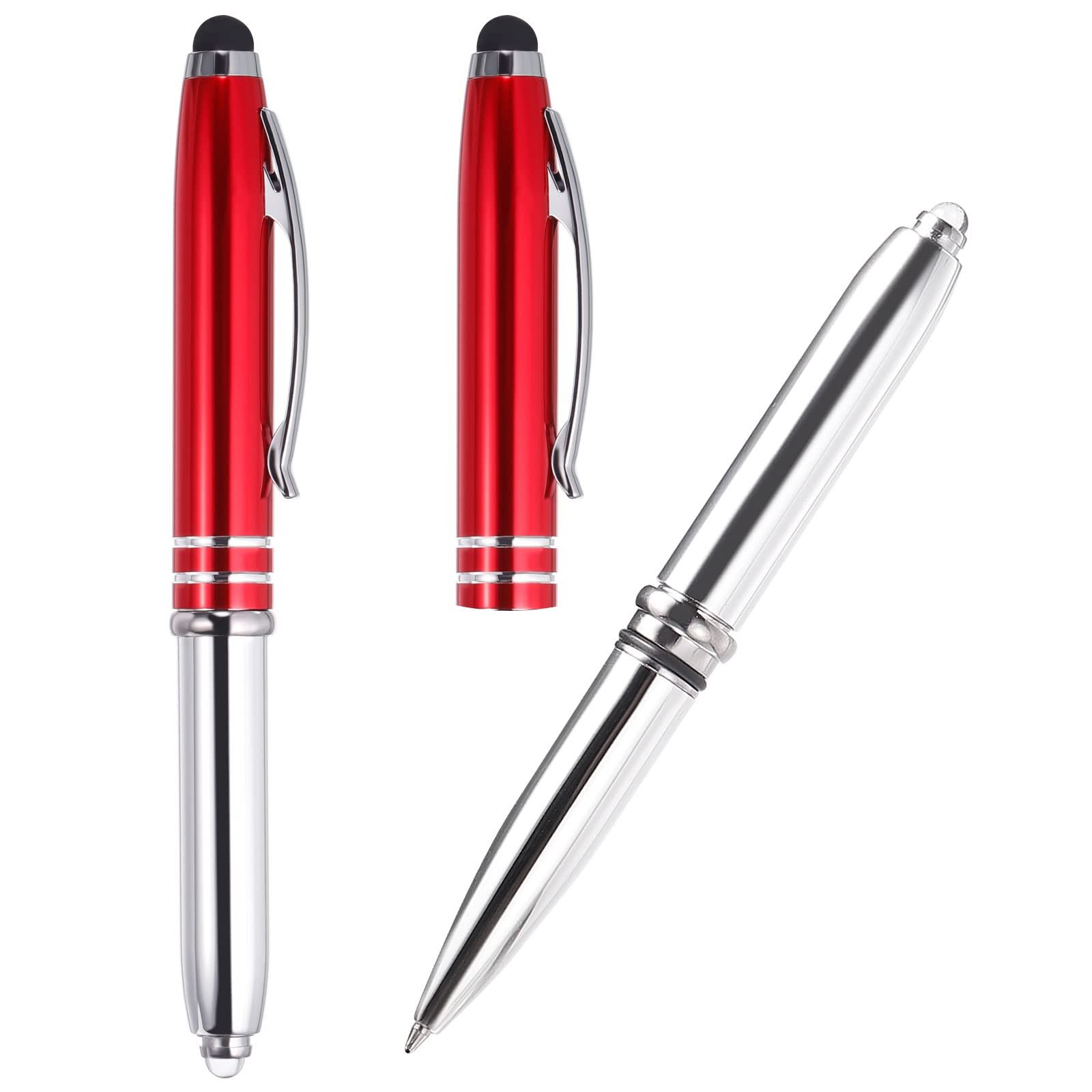 PATIKIL Ballpoint Pen with Stylus Tip and LED Flashlight, 2 Pack 3 in 1 Metal Pen Black Ink 1.0mm Medium Point Stylus Pen for Touch Screens, Red