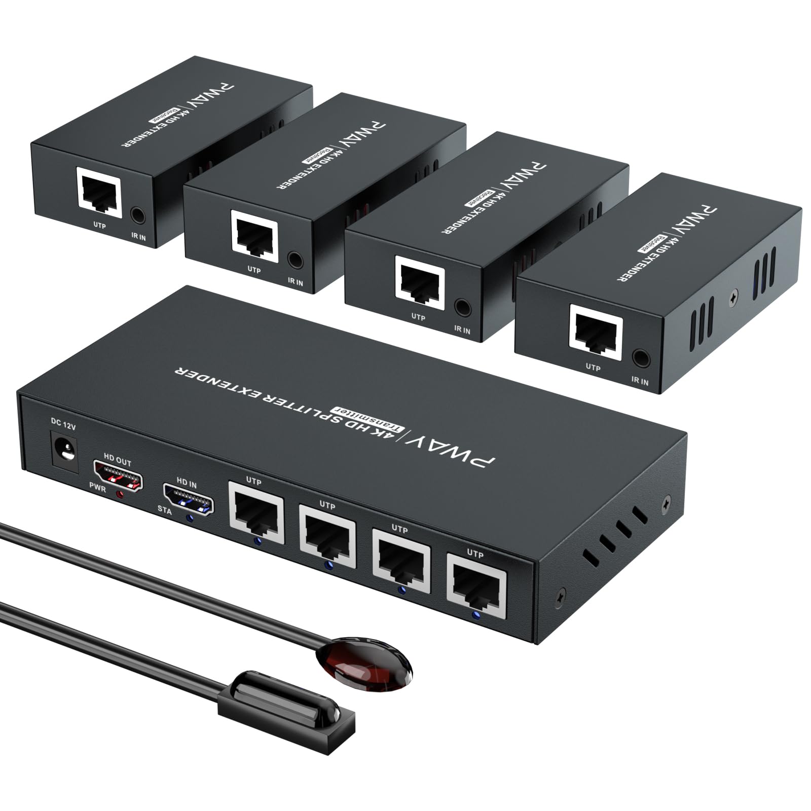 PW-HT247P4IR HDMI Extender Splitter 60m/196ft By Cat5e/Cat6/Cat7 Cable Support 4K@60Hz Resolution、Loop Out、IR Control and POC Function