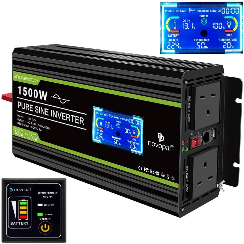 NOVOPAL 1500W Pure Sine Wave Inverter 12V to 230V 240V Car Converter Power Inverter with LCD Display 2AC Outlets and Usb Port-Remote Control for Motorhomes,Truck,Boat,Camping,Household,Van