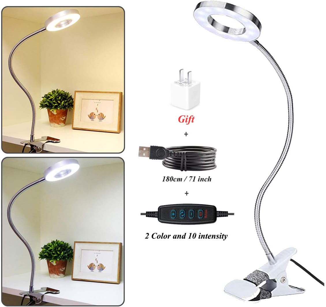 CLOOOUDS Clip On Light Clip On Lamp Reading Light LED USB Desk Lamp Book Light,3 Color Modes, 10 Brightness,Desk Lamp,Lash Lamp