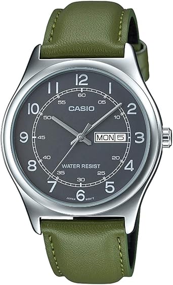 Casio MTP-V006L-3B - Reloj analógico para hombre, correa de cuero verde, números grises, esfera de fecha, fecha, reloj analógico