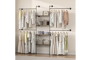 DABILONGC Industrial Pipe Clothing Rack, Wall Mounted DIY Garment Rack with 4 Adjustable Rod & 4 Shelves, Heavy Duty Closet Organizers System in Wardrobe Closet (Black, 80" H x 86" W x 11.8“D)