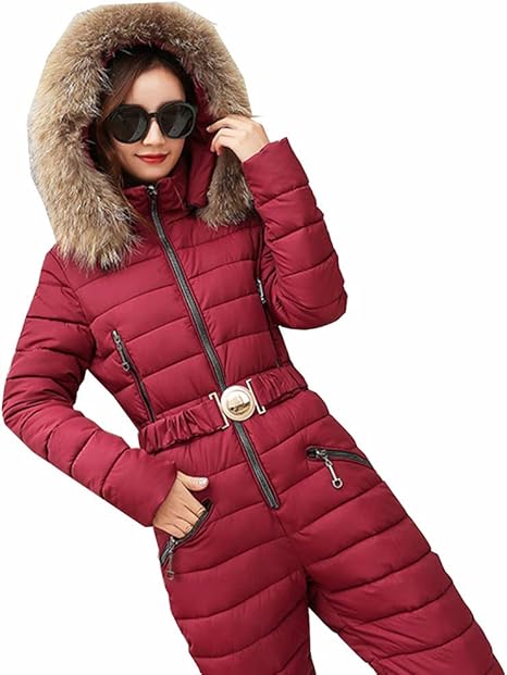 Amazon Co Jp Huige レディース ダウンジャケット スキースーツ ジャンプスーツ ジッパー 調節可能 厚手 暖かいパーカー ダウンコート ファーフード付き スノースーツ アウトドア M レッド 101 435 937 ホーム キッチン