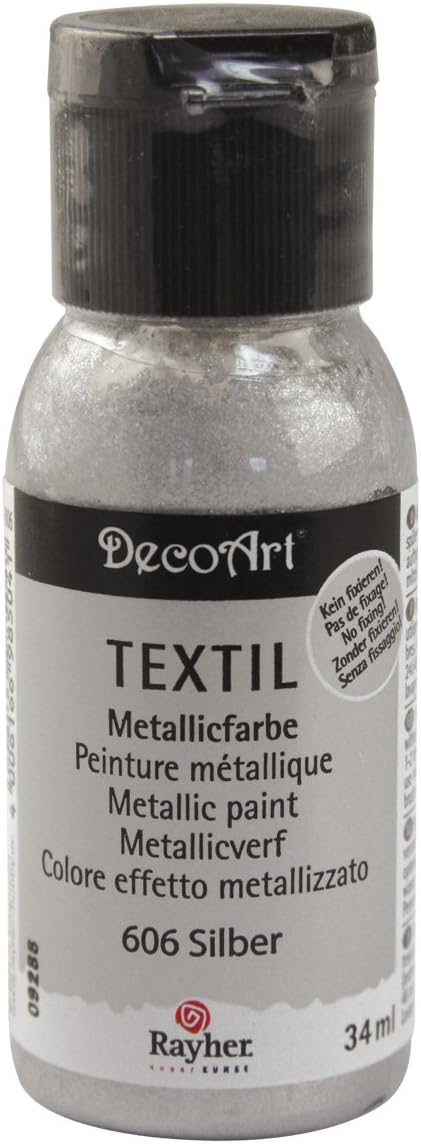 Rayher 38509606 Metallic Textil Stoffmalfarbe/ Textilfarbe silber brilliant, Flasche 34 ml, hochdeckend, cremige Acrylfarbe speziell für Textilien, waschfest, Metallic - Farben, Metallic-Look