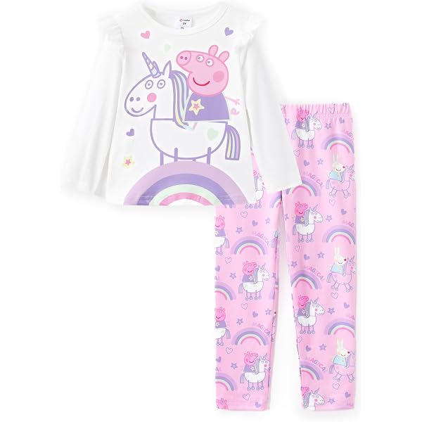 Set Peppa Pig Per Bambine | Maglietta Rosa Con Peplo E Leggings Azzurri Con Arcobaleno - copertina