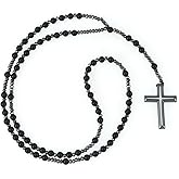 Rosary Beads Catholic, 8mm-10mm Black Onyx Obsidian Hematite Cross Pendant Rosary Necklace, Christ Healing Crystal Triple Protection Necklace Catholic Gift for Men Meditation Jewelry (Matte Black)