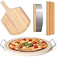 5 PCS Round Pizza Stone Set, 13" Pizza Stone for Oven and Grill with Pizza Peel(OAK),Serving Rack, Pizza Cutter & 10pcs Cooking Paper for Free, Baking Stone for Pizza, Bread