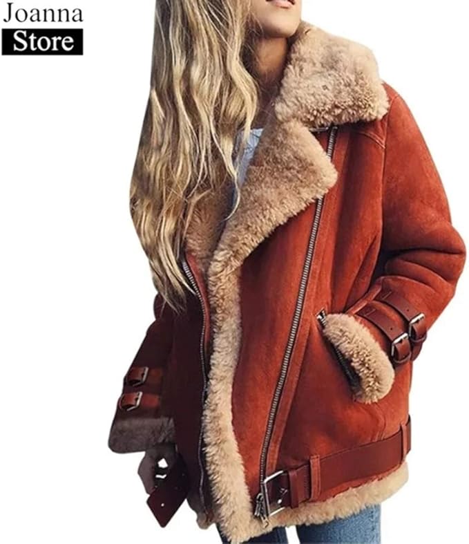 Winter New Faux Fur Motorcycle Jacket Women Lapel Suede Warm Thick