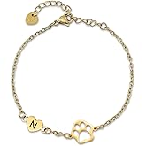 Initial Bracelet for Women with Heart Adjustable Pet Paw Gold Bracelets for Women, Dainty 14K Gold Christmas Gifts for Dog Lover, Non Tarnish Memorial Gift for Pet Lover Birthday Jewelry