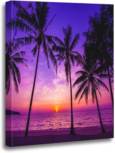 Amazon Com Ansouyi 12x16 Inches Canvas Wall Art Painting Purple Beach Palm Trees Silhouette At Sunset Orange Night Home Decorative Artwork Prints Posters Prints