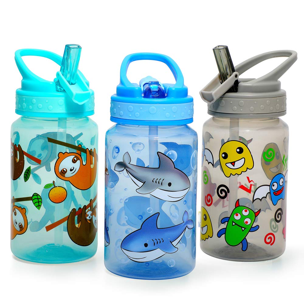 Home Tune Kids Water Drinking Bottle (440ml) - BPA Free, Wide Mouth, Flip Straw Sip Lid, Easy Open, Lightweight, Leak-Proof Water Bottle Cute Design For Girls & Boys - 3 Pack Shark & Sloth & Monster