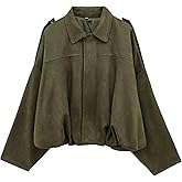 Hvewarm Women's Oversized Faux Suede Bomber Jackets Batwing Sleeves Pleated Zipper Casual Coats Streetwear