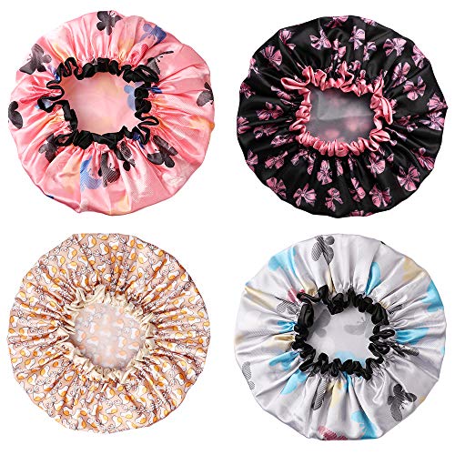 Waterproof Women Shower Cap Large Bath Cap Gutsdoor 4 PACK Double Layer Shower Hat Designed for all Hair Lengths and Thicknesse