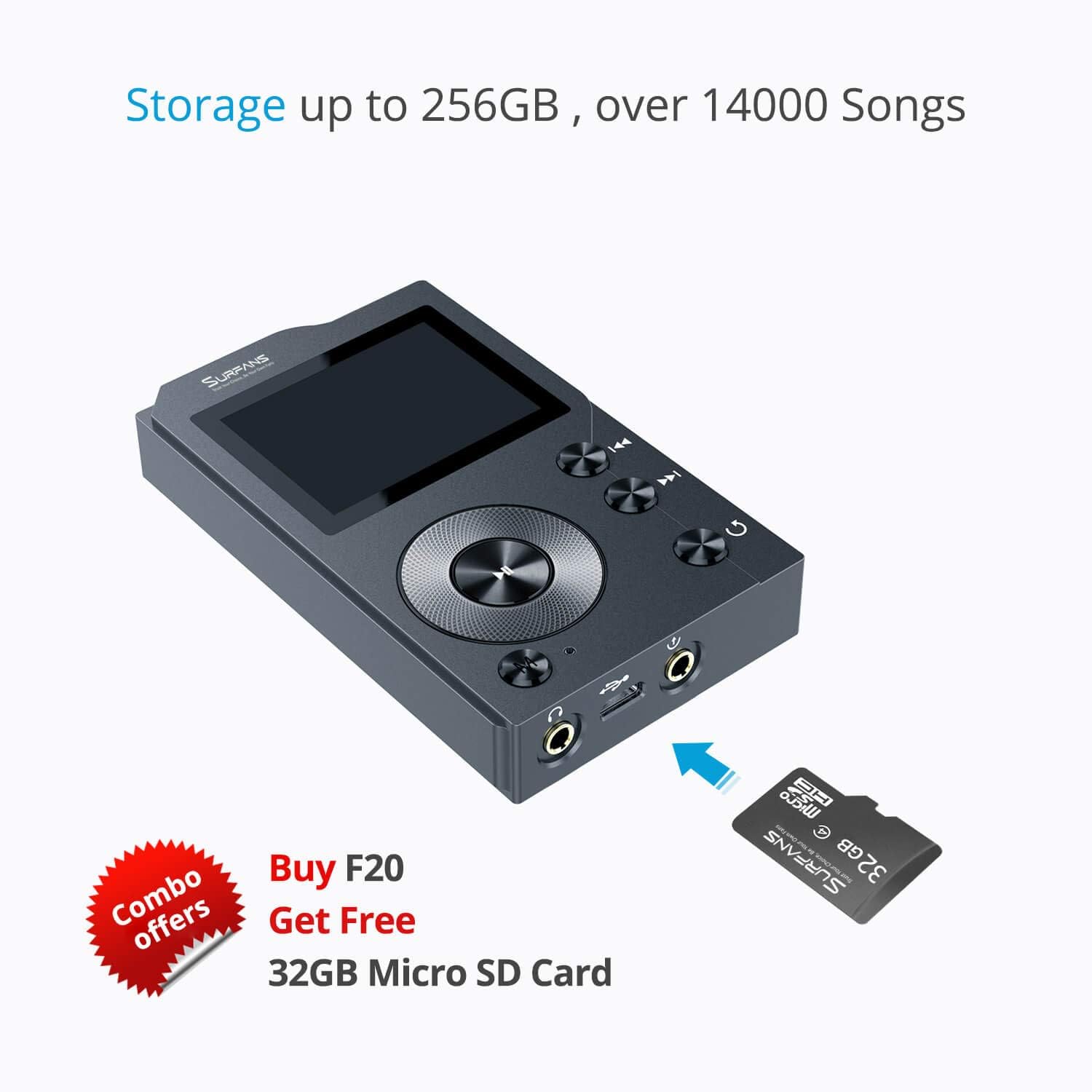 Surfans F20 HiFi MP3 Player with Bluetooth, Lossless DSD High Resolution Digital Audio Music Player, High-Res Portable Audio Player with 32GB Memory Card, Support up to 256GB: Home Audio & Theater