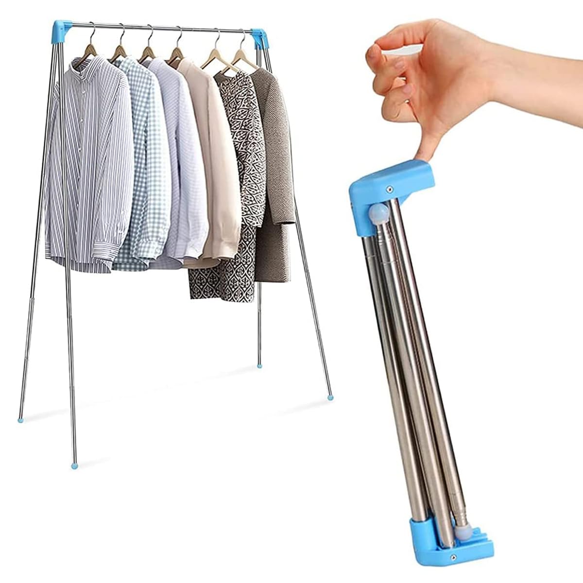 Photo 1 of ANLEBUY Portable Garment Rack, Folding Clothes Rack, Collapsible Clothing Rack for Dance, Travel, Camping, Laundry, Indoor, Outdoor, Drying, RV, Mini Compact Racks Blue + 3 Foldable Clothes Hangers