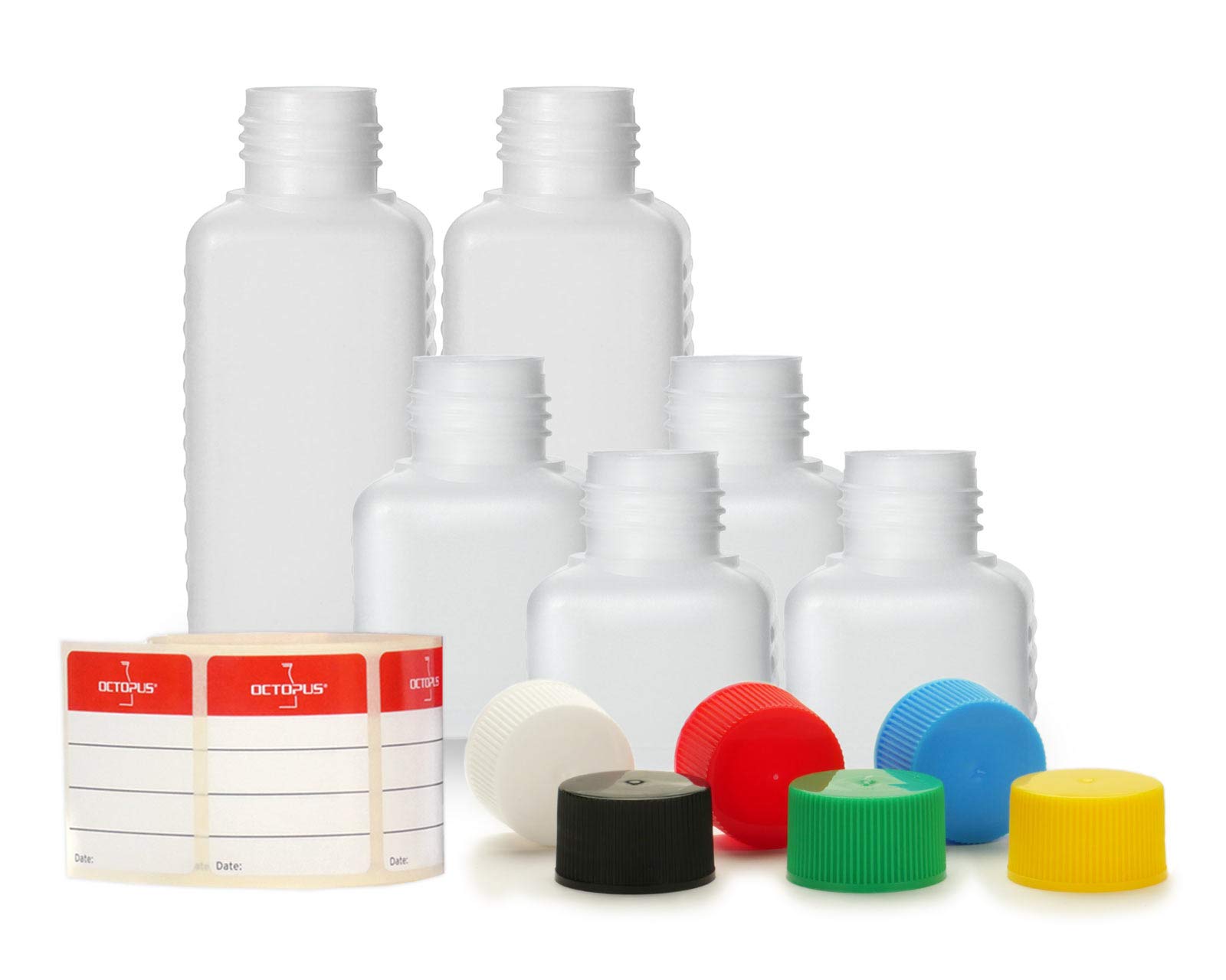 Octopus plastic bottles 2x 30 ml, 2x 50 ml and 2x 100 ml, HDPE plastic bottles with 6 colorful screw caps, square bottles incl. labels