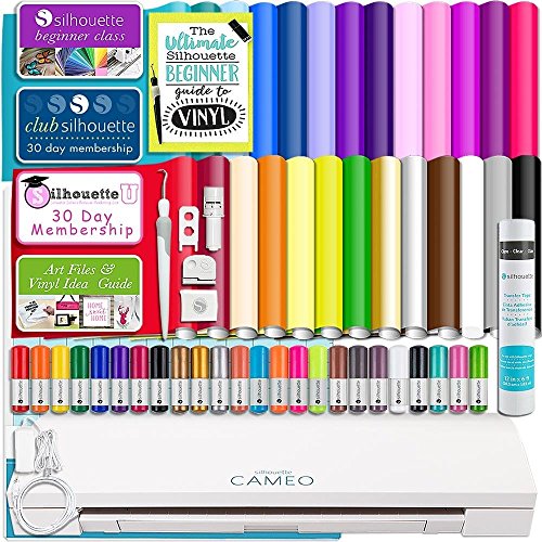 Silhouette CAMEO 3 Bluetooth Starter Bundle with 26 12x12 Oracal 651 Sheets, Membership, Transfer Paper, Guide, Class, 24 Sketch Pens, and More