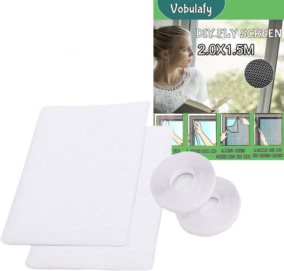 2 Pack Fly Screen Net for Window, Insect Screen Mesh Mosquito Protector Kit, 2.0m x 1.5m with 2 Rolls Self-Adhesive Tapes White, 2.Pro（Honeycomb mesh）