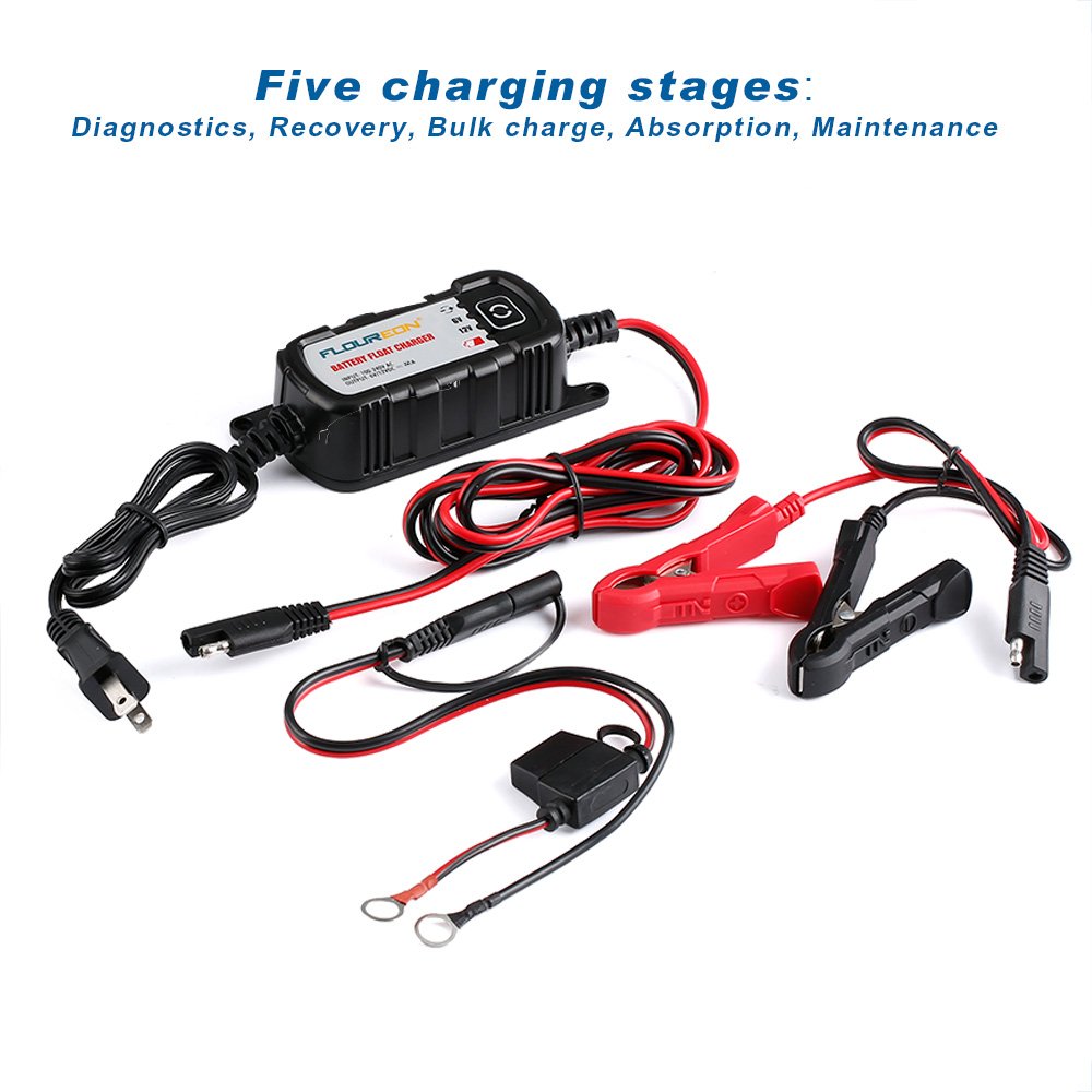 FLOUREON 6V/12V 3Amp Automatic Trickle Battery Charger/Maintain Car Charger Maintainer with LED Indicators Auto Trickle Charging for Automotive Vehicles Lawn Mower Boats RV AGM Gel Lead Acid Batteries
