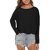 PRETTODAY Women's Casual Oversized T Shirts Boat Neck Long Sleeve Tiered Relaxed Tee Loose Boxy Cropped Blouse Tops