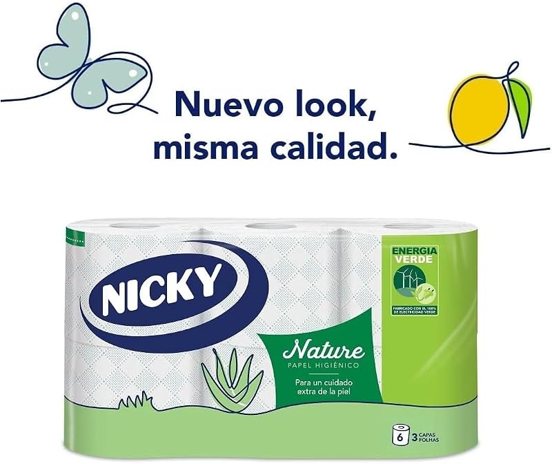 Papel higiênico nicky nature, 6 rolos, 3 camadas, 170 porções por rolo. enriquecido com loção aloe vera, branco, 9,8 x 13cm