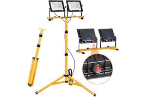 BIPEOO Work Lights with Stand, 2 Adjustable Head LED Work Light，Foldable Tripod Stand and Portable Removable Led Construction Lights with Individual Switch with 6500 Kelvin Color
