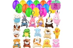 LUKBERA 16Pcs Easter Egges with Stuffed Animals Keychains, Animals Plush Toys for Kids Goodie Bag Fillers Easter Egg Hunt Easter Basket Stuffers Classroom Exchange Gifts