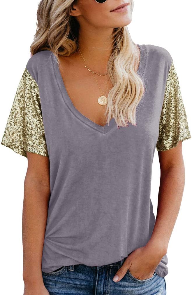 Topstype Women's Sequin Short Sleeve Tee V Neck T Shirts Glitter Sparkles Loose Blouse Tops