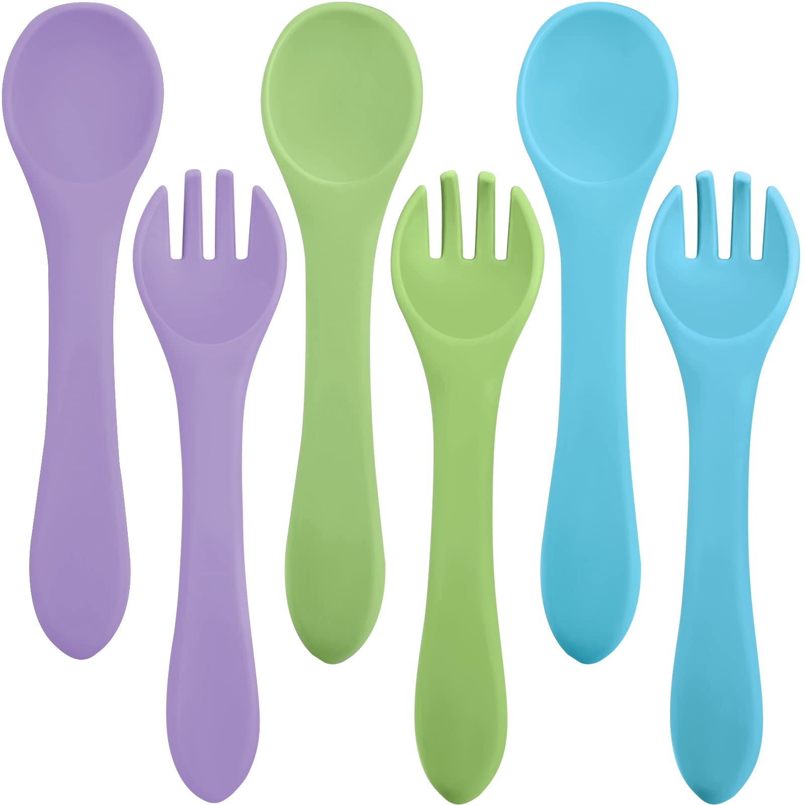 Photo 1 of 6 Pieces Silicone Baby Feeding Forks and Spoons Set Hot Safety First Stage Self Feeding Supplies Mini Kids Utensils for Over 6 Months Babies Boy Girl Toddlers First Foods (Primary Color)