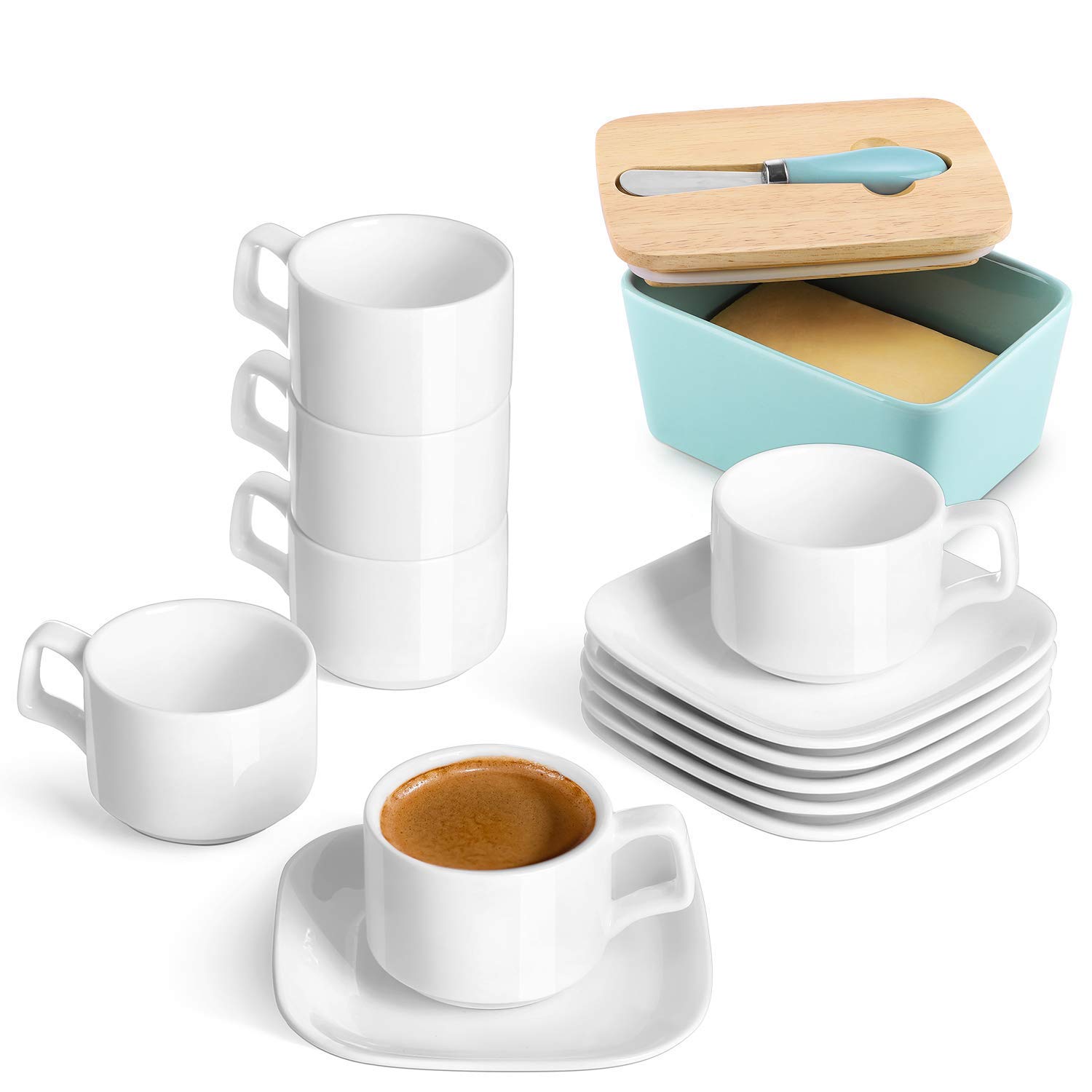 DOWAN Porcelain Espresso Cups with Square Saucers, 4 Ounce, Stackable Espresso Cups Set of 6, White
