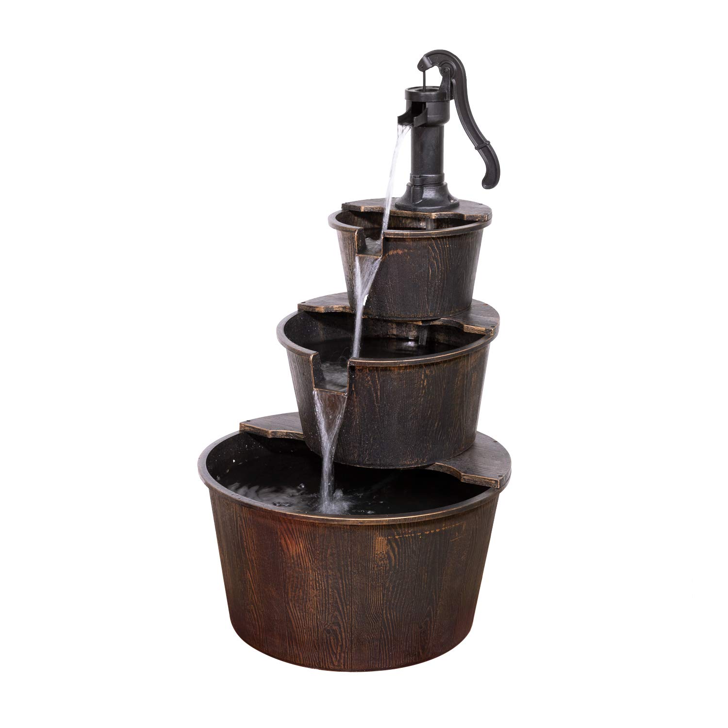Alpine Corporation TEC234BR Alpine 3-Tier Rustic Outdoor Waterfall for Garden, Patio, Deck, Porch-Yard Art Decor Pump Barrel Fountain, 41", Beige