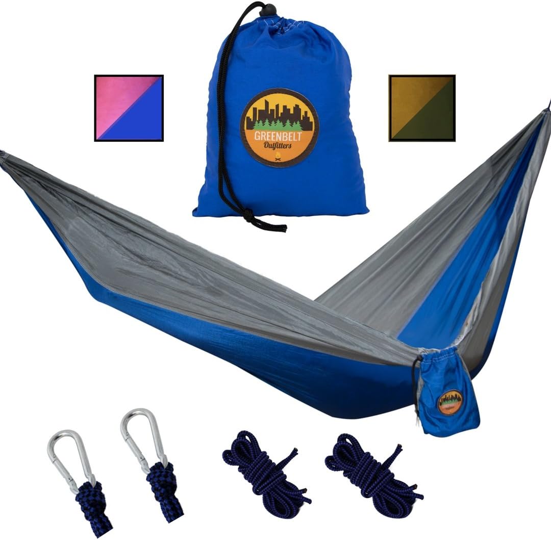 Greenbelt Camping Hammock | Lifetime No Tear Promise | Portable Super-Lightweight Parachute Nylon w/Carabiners | Outdoor & Indoor Hammocks | Best for Backpacking, Beach, Travel, Hiking, Campus